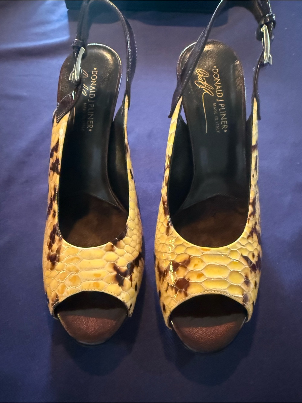 Donald J. Pliner Yellow Snake-Print Peep Toe Slingbacks with Brown Accents